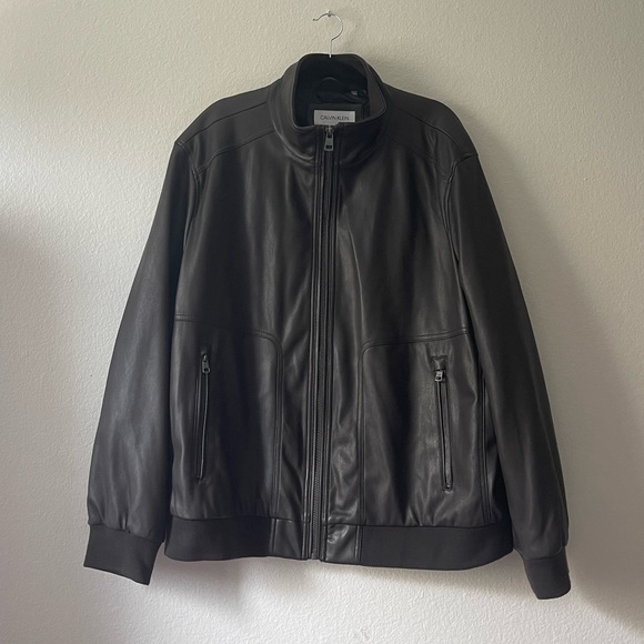 Calvin Klein Dark Brown Leather Bomber Jacket - Picture 1 of 4